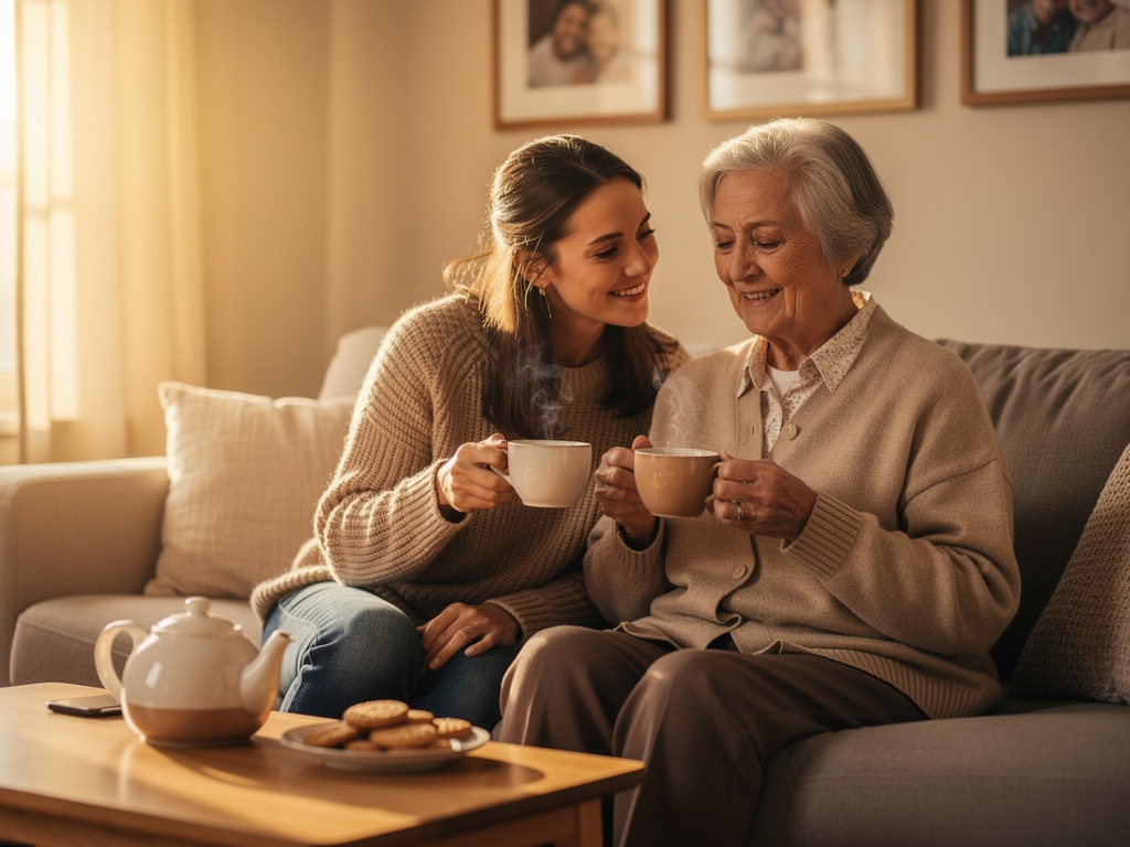 Adult daughter sharing a cup of tea with her elderly mother