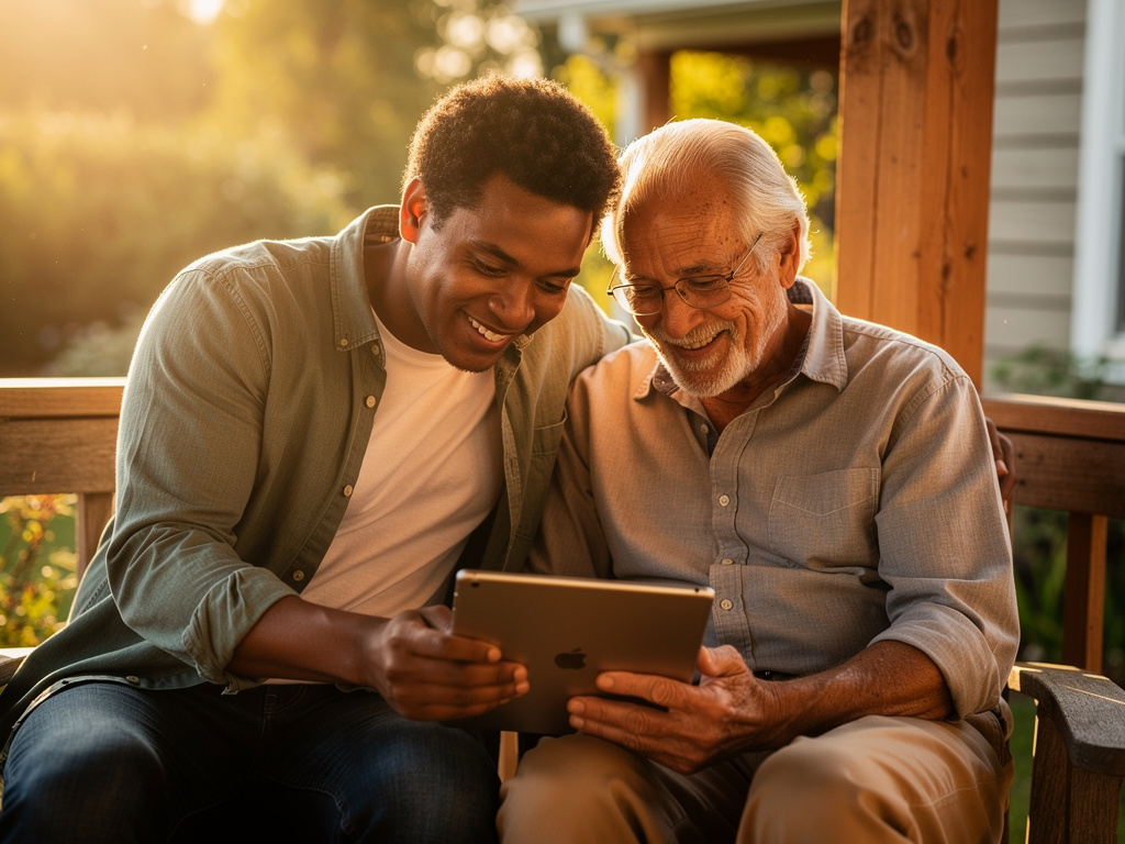 Adult son and his father looking at a tablet together on the porch