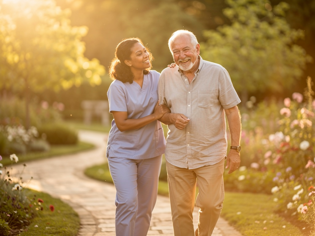Caregiver walking arm in arm with a smiling elderly man